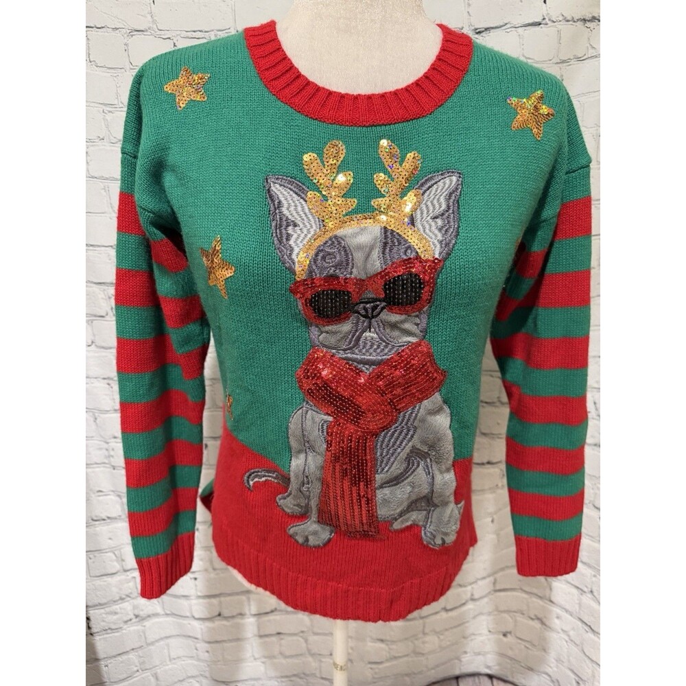 United States Sweater Womens Green Red Sequins French Bulldog Christmas XS